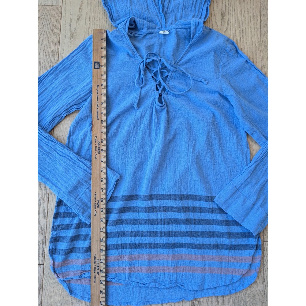 LAGACI Blue Cotton Gauze Lace Up Hoodie Tunic Top XL TG Striped Hem Casual Beach - Picture 4 of 7